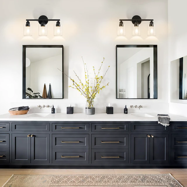 Alt view image 4 of 7 - 3-Light Black Modern Bathroom Vanity Light Fixtures, 17.3" Glass Shade, For Bathroom Mirror, Kitchen, Living Room, Bath, Metal
