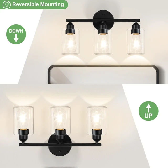 Alt view image 5 of 7 - 3-Light Black Modern Bathroom Vanity Light Fixtures, 17.3" Glass Shade, For Bathroom Mirror, Kitchen, Living Room, Bath, Metal