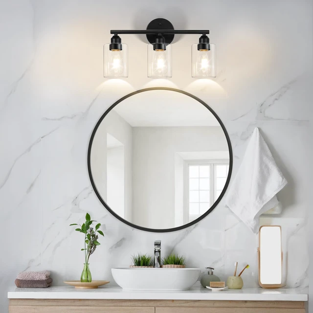 Alt view image 6 of 7 - 3-Light Black Modern Bathroom Vanity Light Fixtures, 17.3" Glass Shade, For Bathroom Mirror, Kitchen, Living Room, Bath, Metal