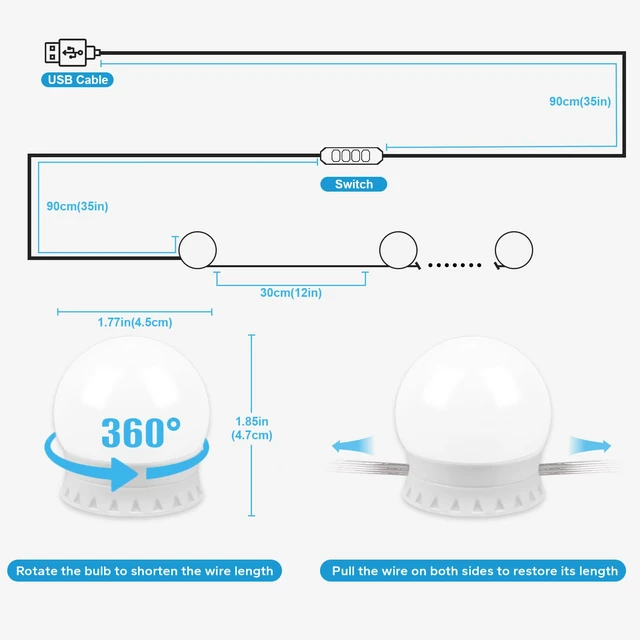 Alt view image 2 of 7 - LED Vanity Lights For Mirror, Vanity Light Stick on with 10 Dimmable Bulbs 3000K 4000K 6500K & 10 Level Brightness Adjustable, USB Cable, Hollywood Mirror Lights for Makeup Dressing Room Bathroom
