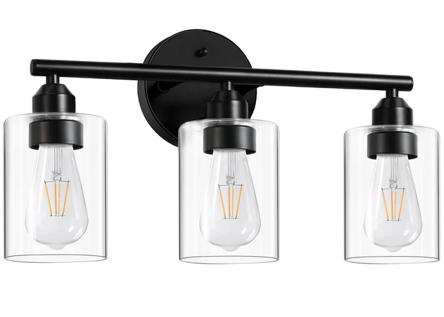 Alt view image 7 of 7 - 3-Light Black Modern Bathroom Vanity Light Fixtures, 17.3" Glass Shade, For Bathroom Mirror, Kitchen, Living Room, Bath, Metal