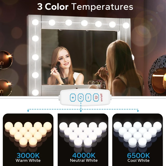 Alt view image 3 of 7 - LED Vanity Lights For Mirror, Vanity Light Stick on with 10 Dimmable Bulbs 3000K 4000K 6500K & 10 Level Brightness Adjustable, USB Cable, Hollywood Mirror Lights for Makeup Dressing Room Bathroom