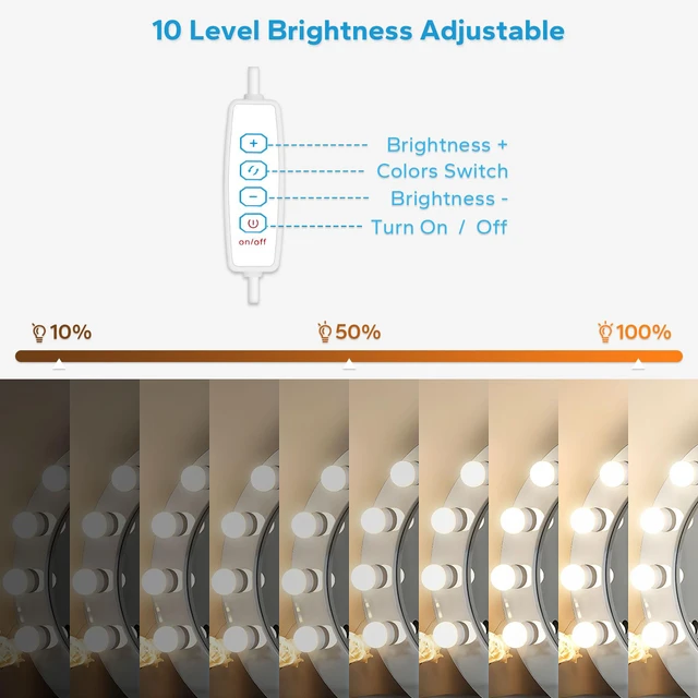 Alt view image 4 of 7 - LED Vanity Lights For Mirror, Vanity Light Stick on with 10 Dimmable Bulbs 3000K 4000K 6500K & 10 Level Brightness Adjustable, USB Cable, Hollywood Mirror Lights for Makeup Dressing Room Bathroom