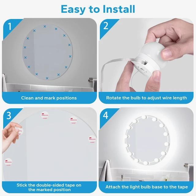 Alt view image 7 of 7 - LED Vanity Lights For Mirror, Vanity Light Stick on with 10 Dimmable Bulbs 3000K 4000K 6500K & 10 Level Brightness Adjustable, USB Cable, Hollywood Mirror Lights for Makeup Dressing Room Bathroom