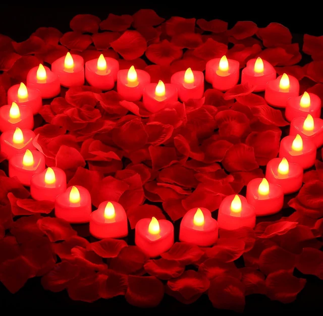Main image of Rose Petals for Romantic Night - Artificial Red Rose Petals with LED Candles for Decoration, Wedding, Valentine's Day