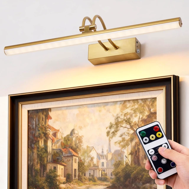 Alt view image 2 of 7 - Picture Lights for Wall,5000mAh Wireless Wall Light,16" Art Light,Brass Rechargeable Picture Lights,Remote Timer and Dimmer Gallery Light for Painting,Room Decor