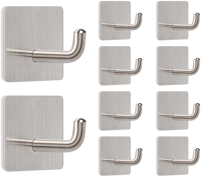Main image of Adhesive Towel Hooks, 304 Stainless Steel Self Sticky Wall Hooks Waterproof Shower Hooks for Robe/Clothes, No Drilling Towel Hangers for Bathroom Kitchen Bedroom (Brushed Nickel, 10 Packs)