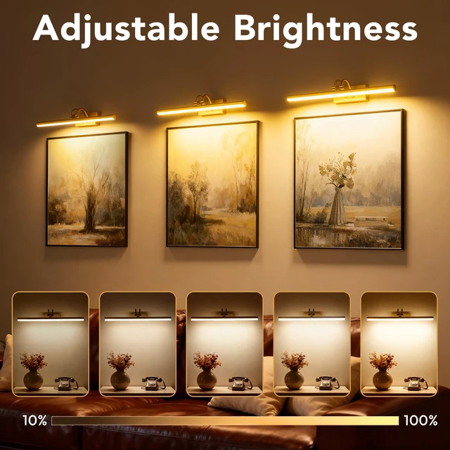 Alt view image 6 of 7 - Picture Lights for Wall,5000mAh Wireless Wall Light,16" Art Light,Brass Rechargeable Picture Lights,Remote Timer and Dimmer Gallery Light for Painting,Room Decor