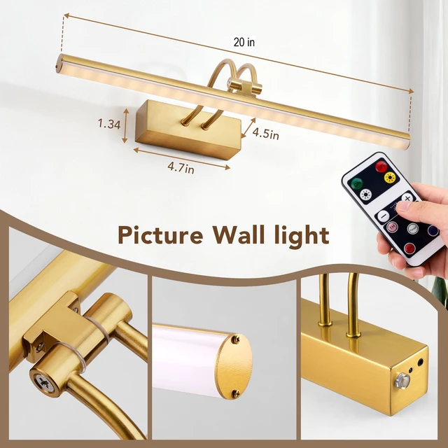 Alt view image 7 of 7 - Cordless Picture Light,5000mAh Wall Sconce,20" Art Light,Brass Rechargeable Picture Lights,Remote Timer and Dimmer Gallery Light for Painting,Room Decor