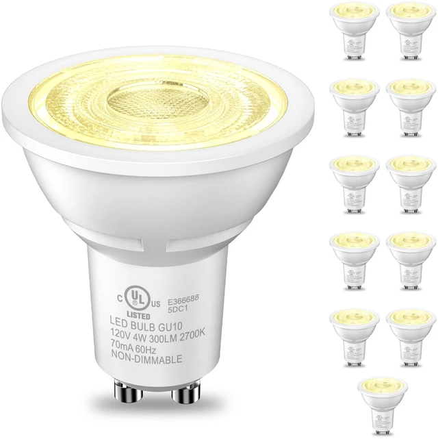 Main image of GU10 LED Bulbs, MR16 Track Light Bulbs, 4W 2700K Warm White, 12 Pack 35W Equivalent 300LM 2-Prong Replacement for Recessed Lighting, Living Rooms, Kitchens & Range Hoods, Non-Dimmable