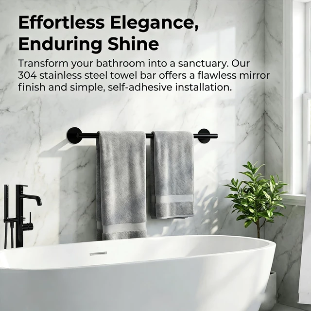 Alt view image 2 of 7 - 3M Towel Bar, 24 Inch 304 SS Matte Black No Drill Self Adhesive Bathroom Towel Rod Wall Mounted