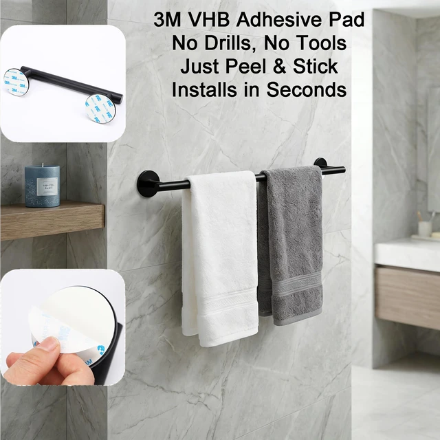 Alt view image 3 of 7 - 3M Towel Bar, 24 Inch 304 SS Matte Black No Drill Self Adhesive Bathroom Towel Rod Wall Mounted