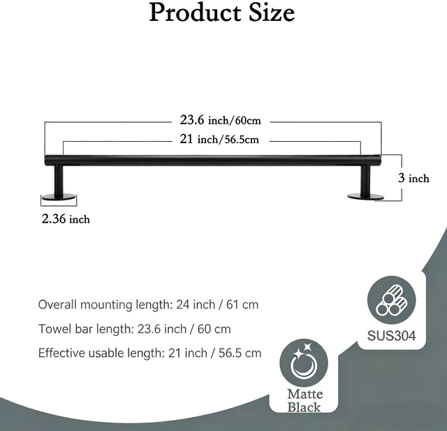 Alt view image 4 of 7 - 3M Towel Bar, 24 Inch 304 SS Matte Black No Drill Self Adhesive Bathroom Towel Rod Wall Mounted
