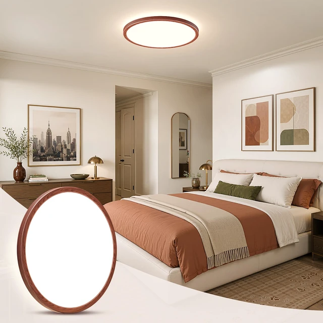 Alt view image 2 of 7 - LED Flush Mount Ceiling Light, 12 Inch 24W 3000K/4000K/5000K Hardwire Light Fixture, Ultra Thin Round White Lamp for Kitchen Porch Bedroom Hallway Stairwell Basement- Walnut