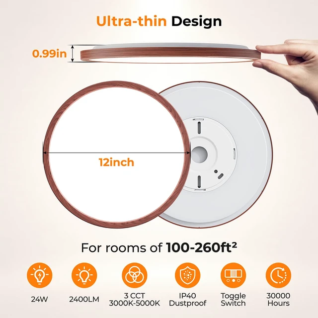 Alt view image 3 of 7 - LED Flush Mount Ceiling Light, 12 Inch 24W 3000K/4000K/5000K Hardwire Light Fixture, Ultra Thin Round White Lamp for Kitchen Porch Bedroom Hallway Stairwell Basement- Walnut