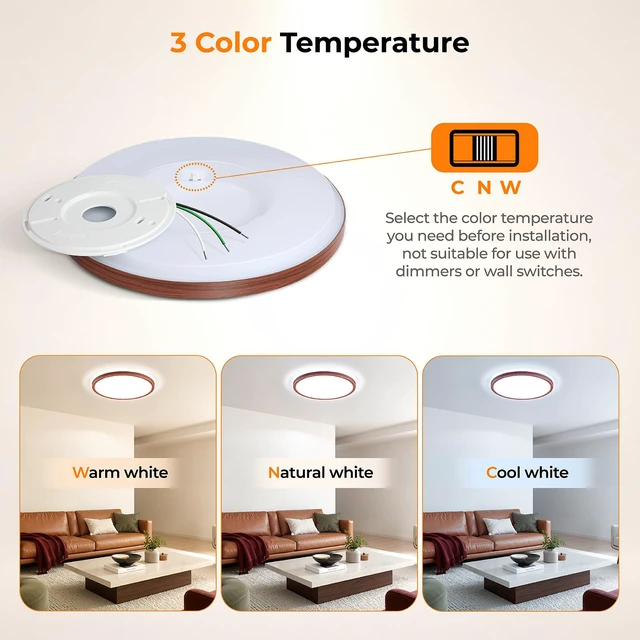 Alt view image 4 of 7 - LED Flush Mount Ceiling Light, 12 Inch 24W 3000K/4000K/5000K Hardwire Light Fixture, Ultra Thin Round White Lamp for Kitchen Porch Bedroom Hallway Stairwell Basement- Walnut