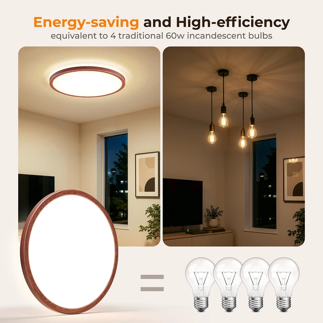 Alt view image 5 of 7 - LED Flush Mount Ceiling Light, 12 Inch 24W 3000K/4000K/5000K Hardwire Light Fixture, Ultra Thin Round White Lamp for Kitchen Porch Bedroom Hallway Stairwell Basement- Walnut
