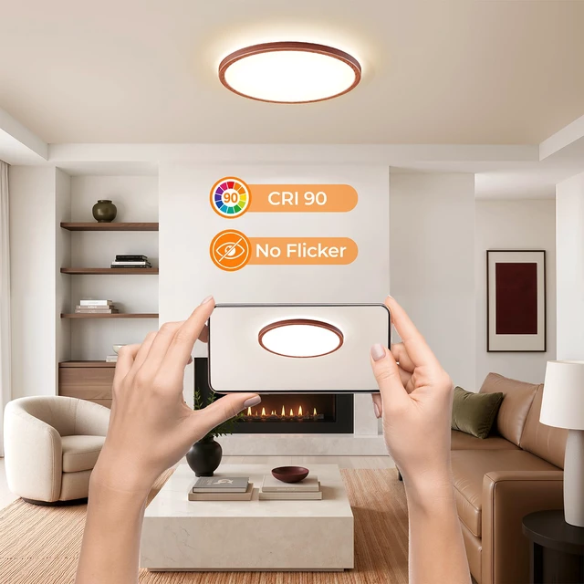 Alt view image 6 of 7 - LED Flush Mount Ceiling Light, 12 Inch 24W 3000K/4000K/5000K Hardwire Light Fixture, Ultra Thin Round White Lamp for Kitchen Porch Bedroom Hallway Stairwell Basement- Walnut