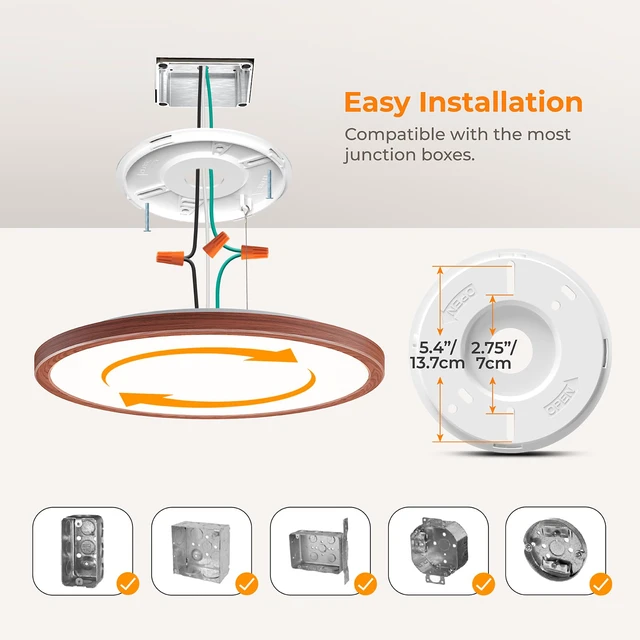 Alt view image 7 of 7 - LED Flush Mount Ceiling Light, 12 Inch 24W 3000K/4000K/5000K Hardwire Light Fixture, Ultra Thin Round White Lamp for Kitchen Porch Bedroom Hallway Stairwell Basement- Walnut