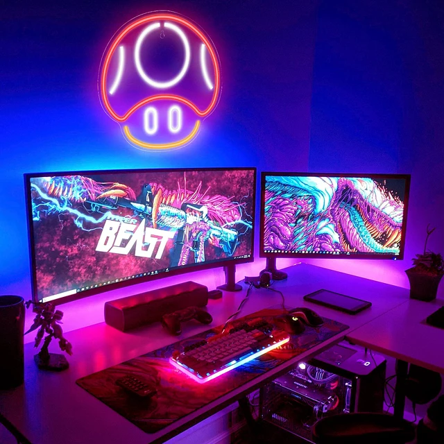 Alt view image 2 of 7 - Gaming Neon Sign, Mushroom Neon Sign for Game Room Decor, Man Cave, Kids Room - Gaming Mushroom Wall Decor - Gamer Gifts for Boys, Kids (Red)