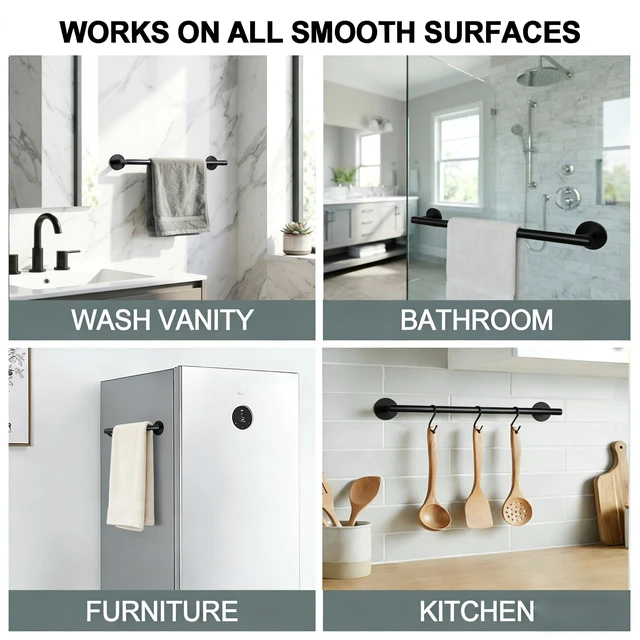 Alt view image 6 of 7 - 3M Towel Bar, 24 Inch 304 SS Matte Black No Drill Self Adhesive Bathroom Towel Rod Wall Mounted