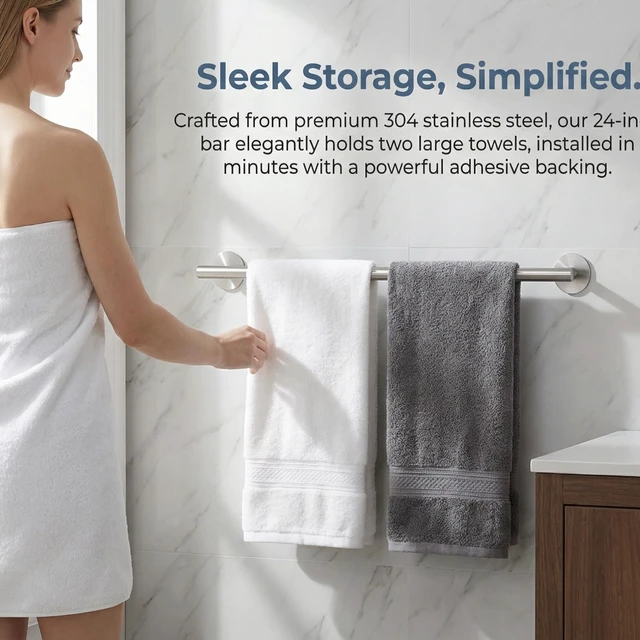 Alt view image 2 of 7 - Brushed Nickel 24 Inch Self Adhesive Towel Bar for Bathroom &Shower
