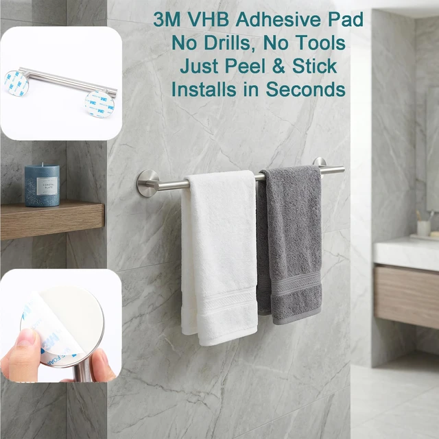 Alt view image 3 of 7 - Brushed Nickel 24 Inch Self Adhesive Towel Bar for Bathroom &Shower