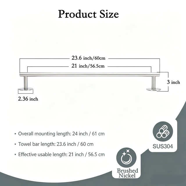 Alt view image 4 of 7 - Brushed Nickel 24 Inch Self Adhesive Towel Bar for Bathroom &Shower