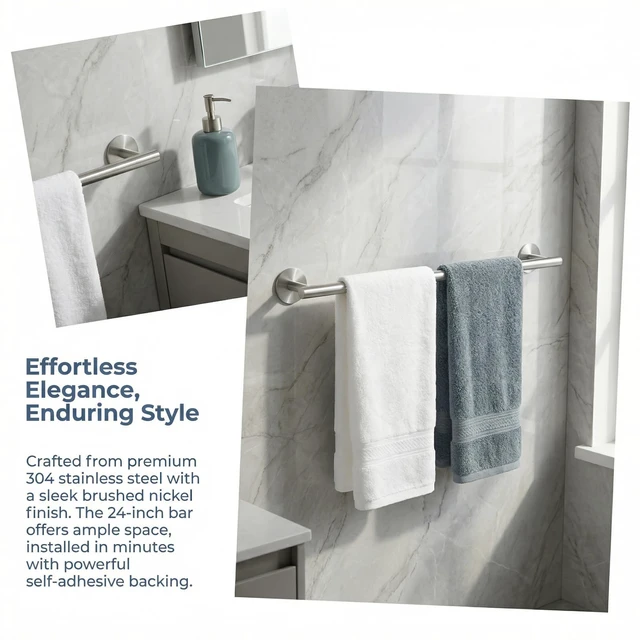 Alt view image 6 of 7 - Brushed Nickel 24 Inch Self Adhesive Towel Bar for Bathroom &Shower