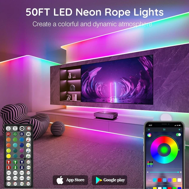 Alt view image 2 of 7 - Led Neon Rope Lights 50FT,Control with App/Remote,Flexible Led Rope Lights,Multiple Modes,IP68 Outdoor RGB Neon Lights Waterproof,Music Sync Gaming Led Strip Lights for Bedroom Indoor