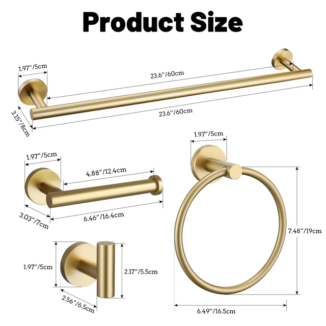 Alt view image 6 of 7 - 5 Pieces Brushed Gold Bathroom Hardware Accessories Set SUS304 Stainless Steel Gold Towel Bar Holder Set, 23.6Inch Towel Racks for Bathroom, Robe Towel Hooks, Toilet Paper Holder Wall Mounted