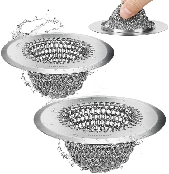 Main image of 2 Pack Upgraded Sink Drain Strainer, Patented Reversible Chain Mail Mesh Anti-Slip Ring, Fast Drainage, Easy Flip Cleaning, 304 Stainless Steel, Universal 4.4-Inch, Garbage Disposal Fit