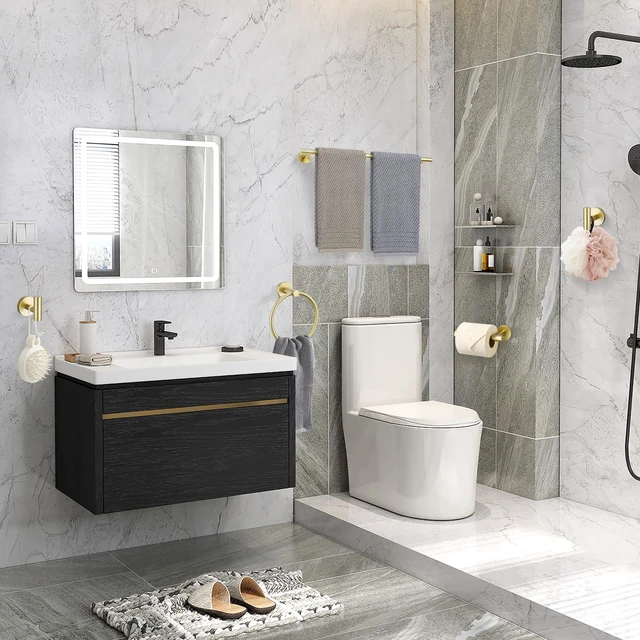 Alt view image 7 of 7 - 5 Pieces Brushed Gold Bathroom Hardware Accessories Set SUS304 Stainless Steel Gold Towel Bar Holder Set, 23.6Inch Towel Racks for Bathroom, Robe Towel Hooks, Toilet Paper Holder Wall Mounted