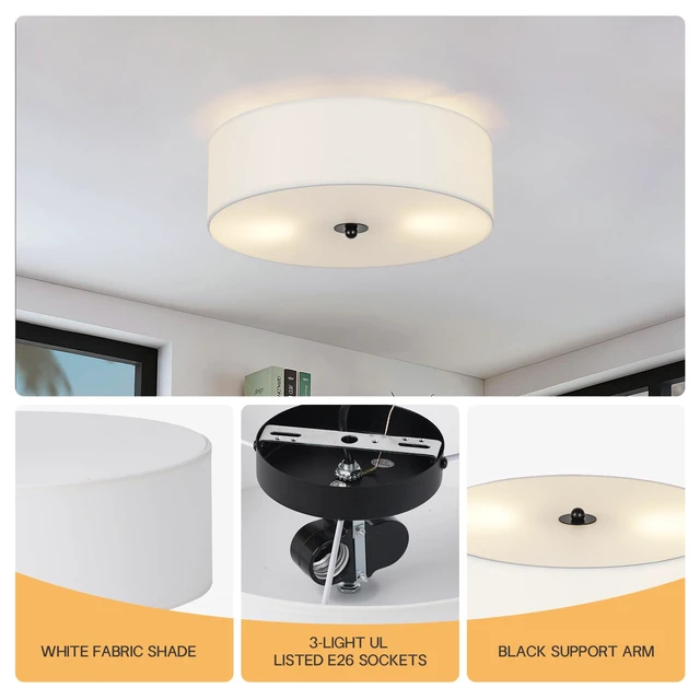 Alt view image 2 of 7 - Flush Mount Ceiling Light Fixture, 13" Close to Ceiling Light with White Fabric Linen Drum Shade, 2-Light Modern Round Ceiling Light for Bedroom Hallway Dining Kitchen