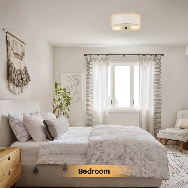 Alt view image 5 of 7 - Flush Mount Ceiling Light Fixture, 13" Close to Ceiling Light with White Fabric Linen Drum Shade, 2-Light Modern Round Ceiling Light for Bedroom Hallway Dining Kitchen