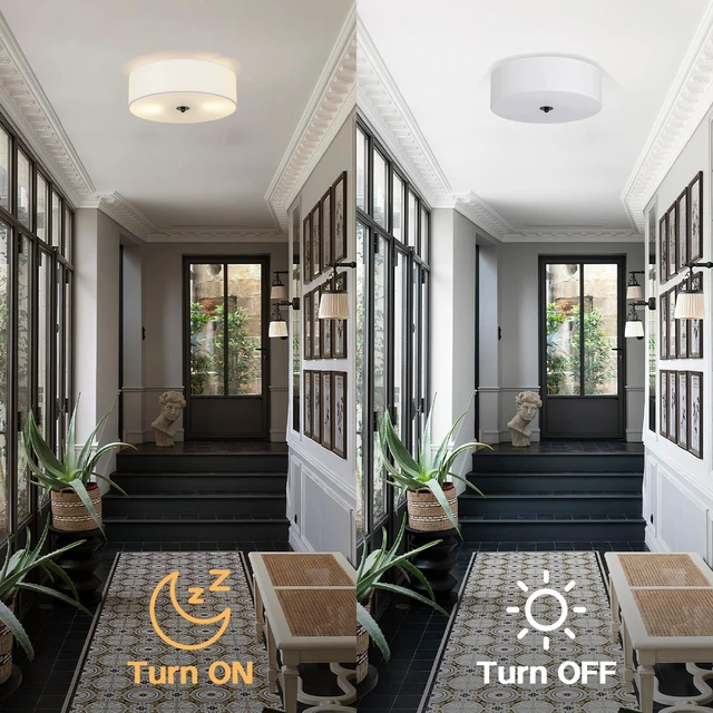 Alt view image 4 of 7 - Flush Mount Ceiling Light Fixture, 13" Close to Ceiling Light with White Fabric Linen Drum Shade, 2-Light Modern Round Ceiling Light for Bedroom Hallway Dining Kitchen