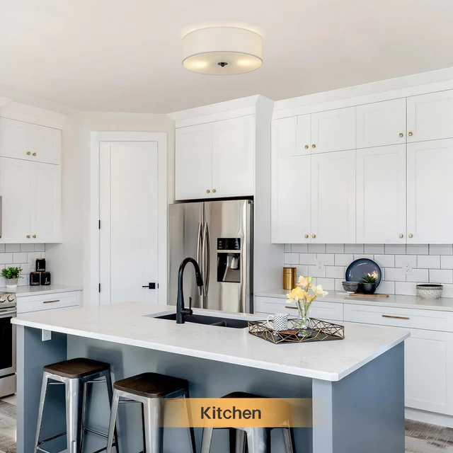 Alt view image 7 of 7 - Flush Mount Ceiling Light Fixture, 13" Close to Ceiling Light with White Fabric Linen Drum Shade, 2-Light Modern Round Ceiling Light for Bedroom Hallway Dining Kitchen