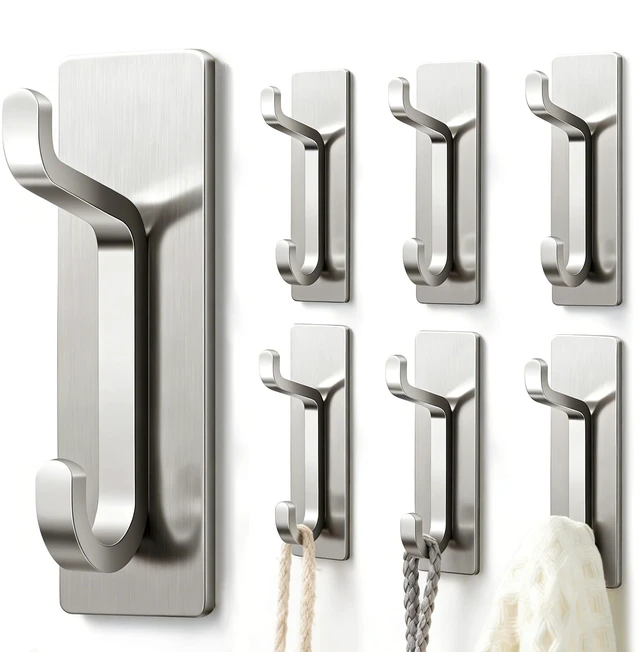 Main image of Self Adhesive Wall Hooks for Hanging: Extra Strong 13 LB, Hook for Coat, Towel in Bathrooms, Shower, Kitchen, Wall, Door Hook, Nickel Silver 6 Pack
