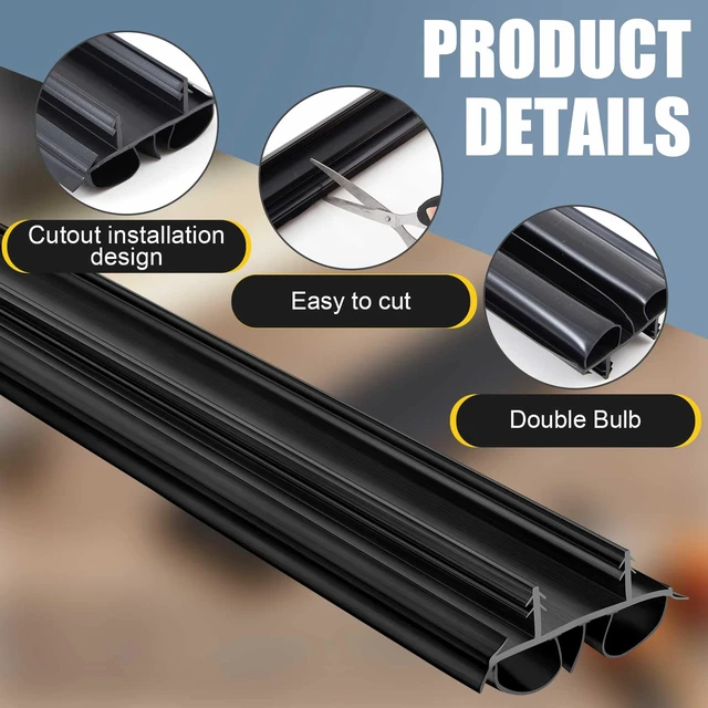 Alt view image 3 of 7 - 4 Pcs 36" Kerf Door Sweep Double Bubble Kerf Black 1-3/4" Wide Vinyl Seal, Exterior Door Sweeps for Energy Saving, Blocks Dust Insects Noise, Slide-in Install, Draft Stopper
