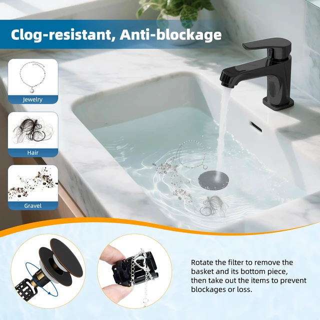 Alt view image 2 of 7 - 2 Pack 3 in 1 Bathroom Sink Drain Strainer, Pop Up Sink Stopper with Big Push Cap, Anti-Clogging Metal Filter Basket,Sink Plug with Hair Catcher for 1.1''~2.36'' Basin, Oil-Rubbed Bronze