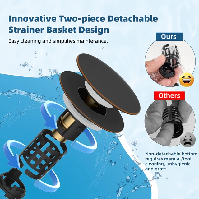 Alt view image 4 of 7 - 2 Pack 3 in 1 Bathroom Sink Drain Strainer, Pop Up Sink Stopper with Big Push Cap, Anti-Clogging Metal Filter Basket,Sink Plug with Hair Catcher for 1.1''~2.36'' Basin, Oil-Rubbed Bronze