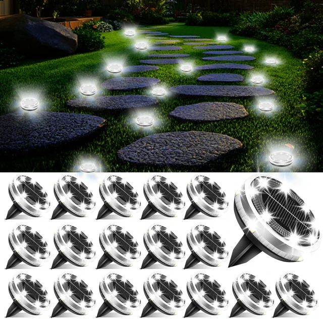 Main image of 18 Pack Outdoor Solar Ground Lights with 4 Side LightCool White IP65 Waterproof, 12 LED Flat Stainless Steel Solar Powered Garden Lights, Disc Landscape Light for Walkway Pathway Lawn Yard