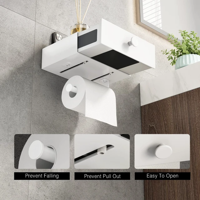 Alt view image 3 of 7 - Toilet Paper Holder with Shelf White Wipes Dispenser for Bathroom Toilet Paper Holder with Storage Upgrade Drawer Design Toilet Tissue Holder Adhesive Small Bathroom Shelf Wall Mount
