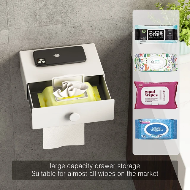 Alt view image 2 of 7 - Toilet Paper Holder with Shelf White Wipes Dispenser for Bathroom Toilet Paper Holder with Storage Upgrade Drawer Design Toilet Tissue Holder Adhesive Small Bathroom Shelf Wall Mount