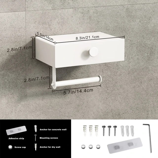 Alt view image 6 of 7 - Toilet Paper Holder with Shelf White Wipes Dispenser for Bathroom Toilet Paper Holder with Storage Upgrade Drawer Design Toilet Tissue Holder Adhesive Small Bathroom Shelf Wall Mount