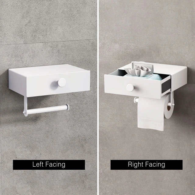 Alt view image 4 of 7 - Toilet Paper Holder with Shelf White Wipes Dispenser for Bathroom Toilet Paper Holder with Storage Upgrade Drawer Design Toilet Tissue Holder Adhesive Small Bathroom Shelf Wall Mount