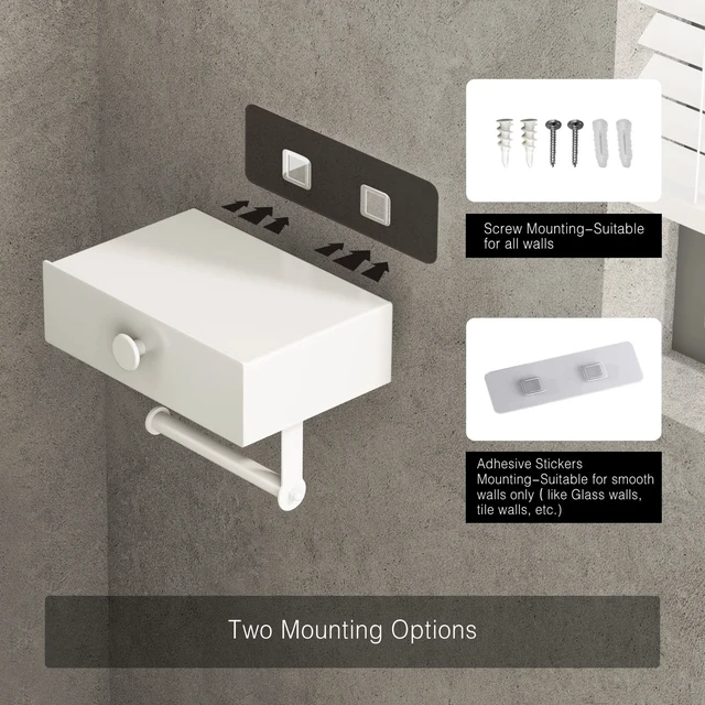 Alt view image 5 of 7 - Toilet Paper Holder with Shelf White Wipes Dispenser for Bathroom Toilet Paper Holder with Storage Upgrade Drawer Design Toilet Tissue Holder Adhesive Small Bathroom Shelf Wall Mount