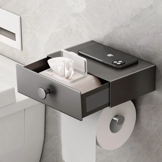 Main image of Toilet Paper Holder with Shelf Gray Wipes Dispenser for Bathroom Toilet Paper Holder with Storage Upgrade Drawer Design Toilet Tissue Holder Adhesive Small Bathroom Shelf Wall Mount