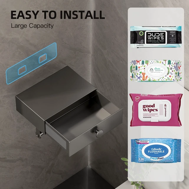 Alt view image 2 of 6 - Toilet Paper Holder with Shelf Gray Wipes Dispenser for Bathroom Toilet Paper Holder with Storage Upgrade Drawer Design Toilet Tissue Holder Adhesive Small Bathroom Shelf Wall Mount