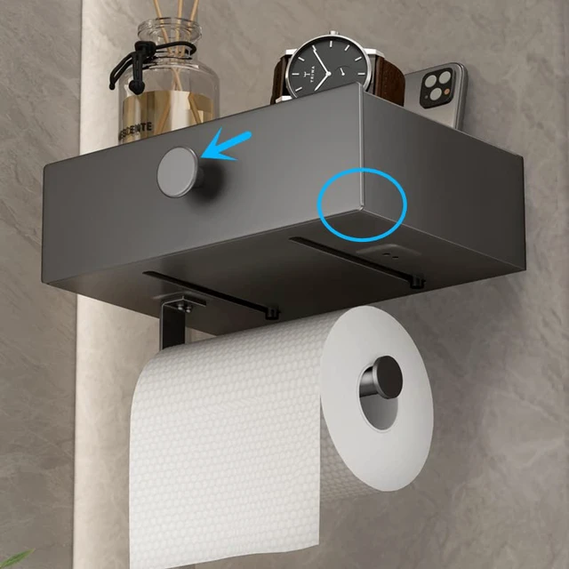 Alt view image 4 of 6 - Toilet Paper Holder with Shelf Gray Wipes Dispenser for Bathroom Toilet Paper Holder with Storage Upgrade Drawer Design Toilet Tissue Holder Adhesive Small Bathroom Shelf Wall Mount
